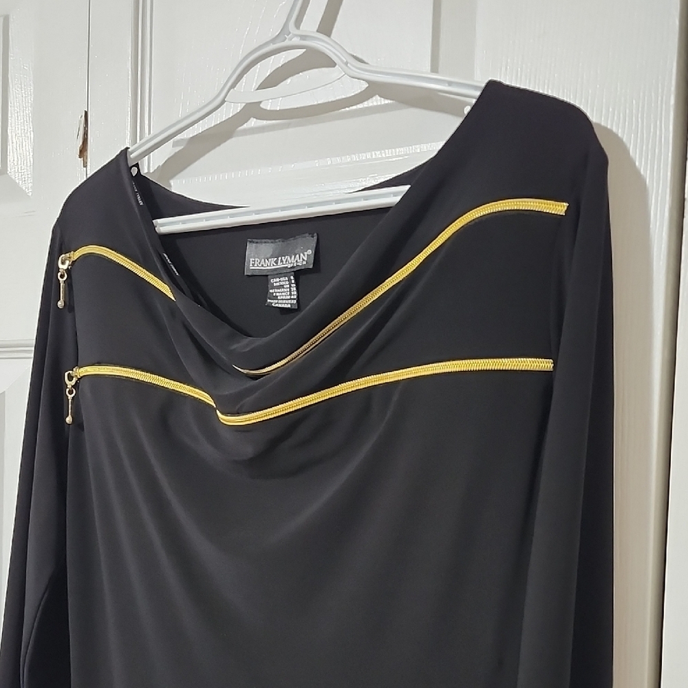 Frank Lyman Design Black Dress with Gold Zipper Accents